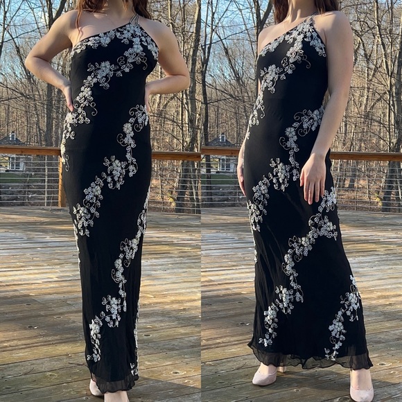 Vintage Y2k Floral Beaded Silk Prom Formal Dress - Picture 3 of 15